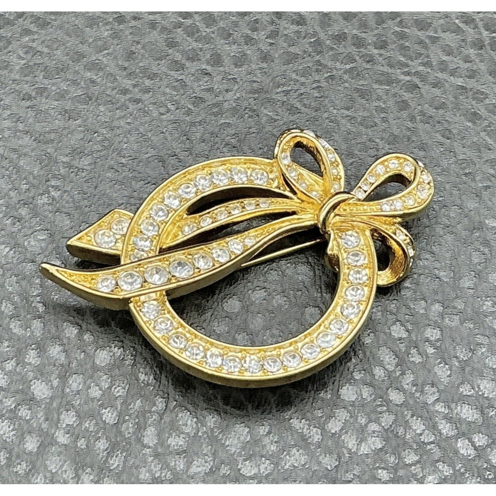 Vintage Nolan Miller Brooch Bow Circle Pin Gold Tone Rhinestone Signed Jewelry
